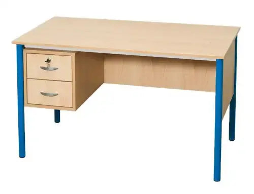 Bureau de salle de classe avec deux tiroirs côté gauche, tube rond