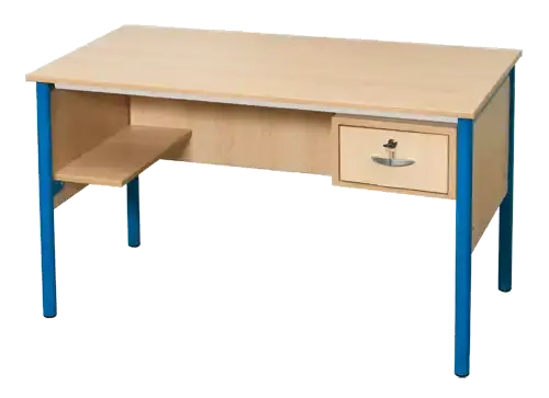 Bureau d'enseignant tablette à gauche et tiroir à droite, structure tube rond