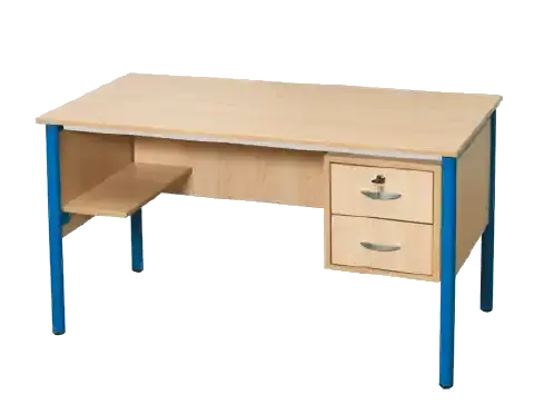 Bureau de professeur tube rond, tablette porte-sac et deux tiroirs