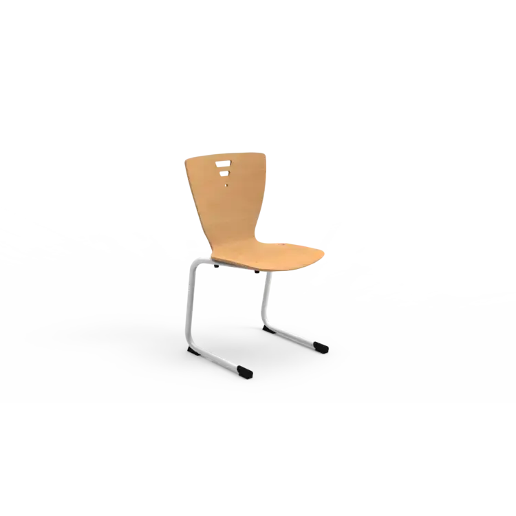 Chaise maternelle légère à piètement luge aluminium et coque hêtre, appui sur table
