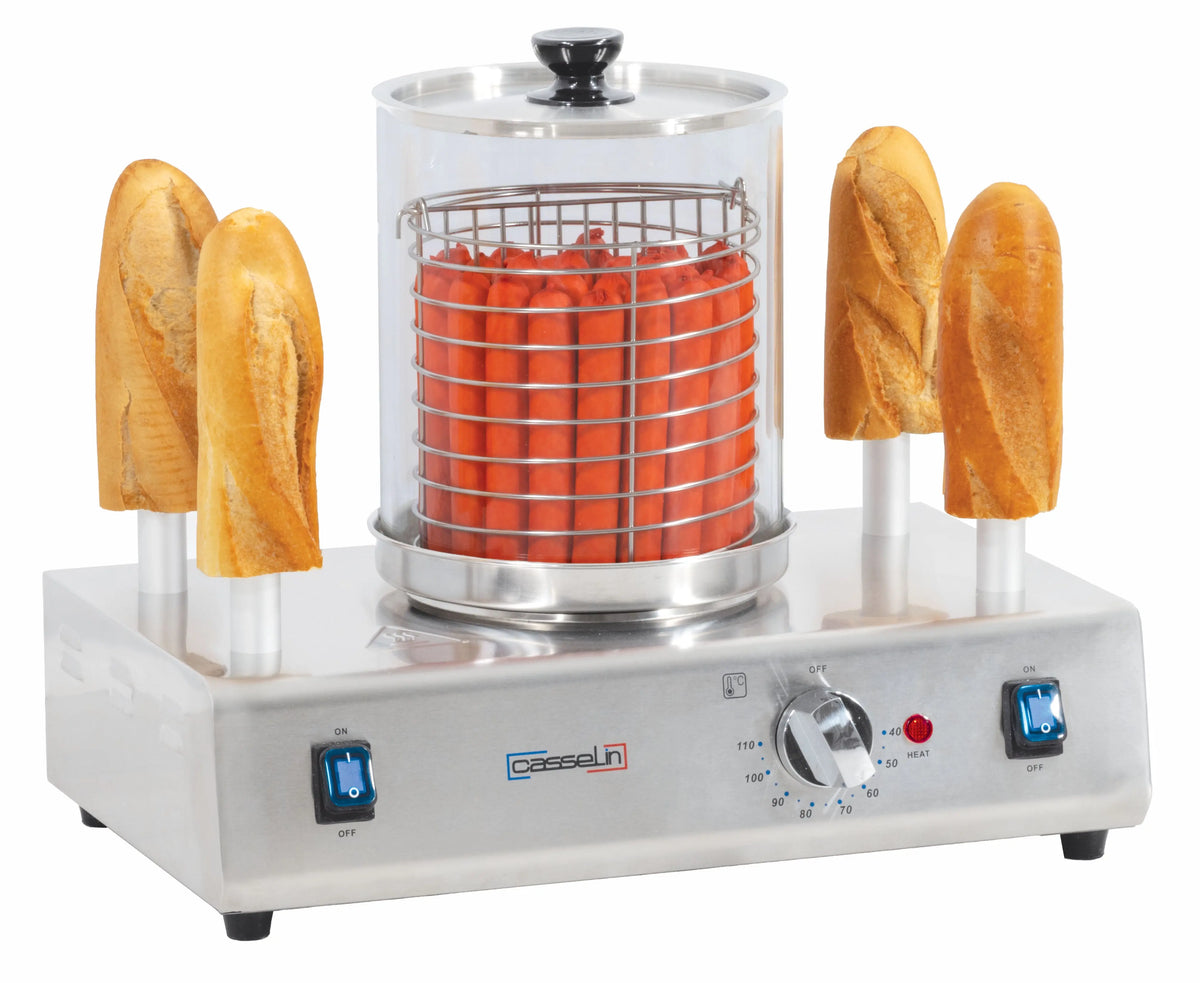 Machine à hot dog professionnelle 4 plots chauffants avec cylindre en verre