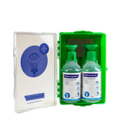 Station lave-œil murale Farmor avec 2 flacons de 500 ml de solution saline stérile sous couvercle transparent