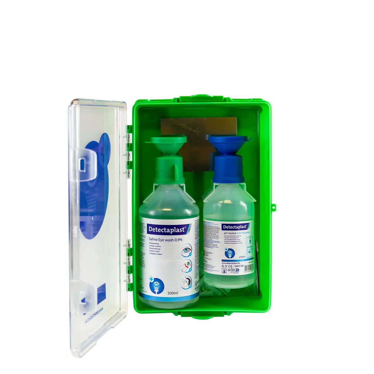 Station de rinçage oculaire mixte Farmor : flacon 500 ml de sérum stérile et flacon 250 ml pH neutre sous couvercle transparent