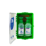Station de rinçage oculaire murale Farmor compacte avec deux flacons de 250 ml de sérum physiologique