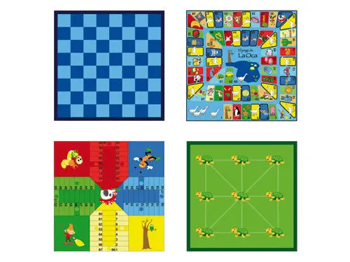 Plateaux échecs, oie, petits chevaux et morpion