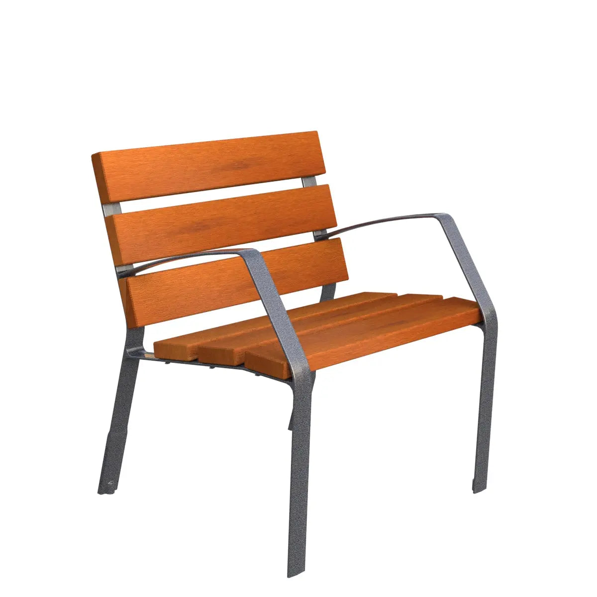 Fauteuil Modo-08 en bois tropical et pieds en fonte ductile, vue de trois-quarts