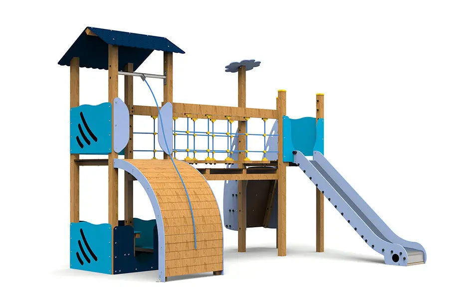 Aire de jeux Campoo en bois avec deux tours et pont suspendu