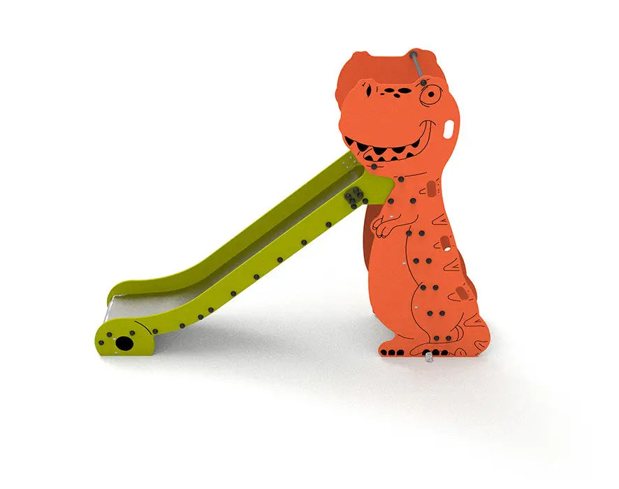 Détail des panneaux décoratifs du toboggan dinosaure
