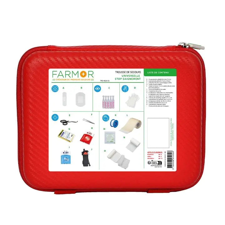 Trousse de secours spéciale Stop saignement Farmor en PU rouge fluo avec garrot tourniquet et croix rétro-réfléchissante