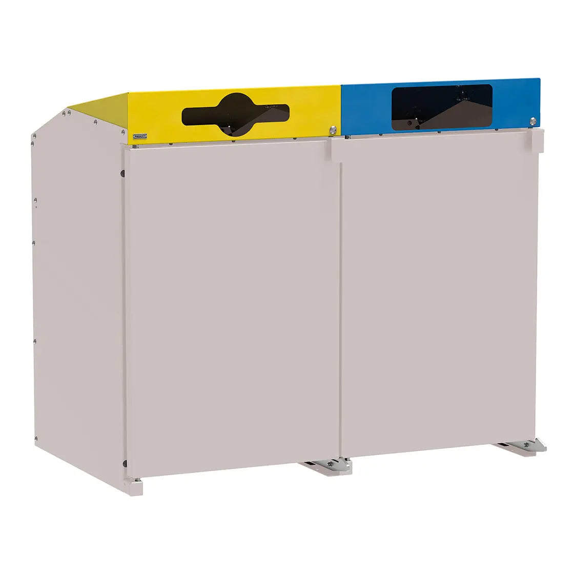 Abri conteneurs Berlin à chargement frontal en version Gris RAL 7044, 2 modules, couvercles jaune et bleu