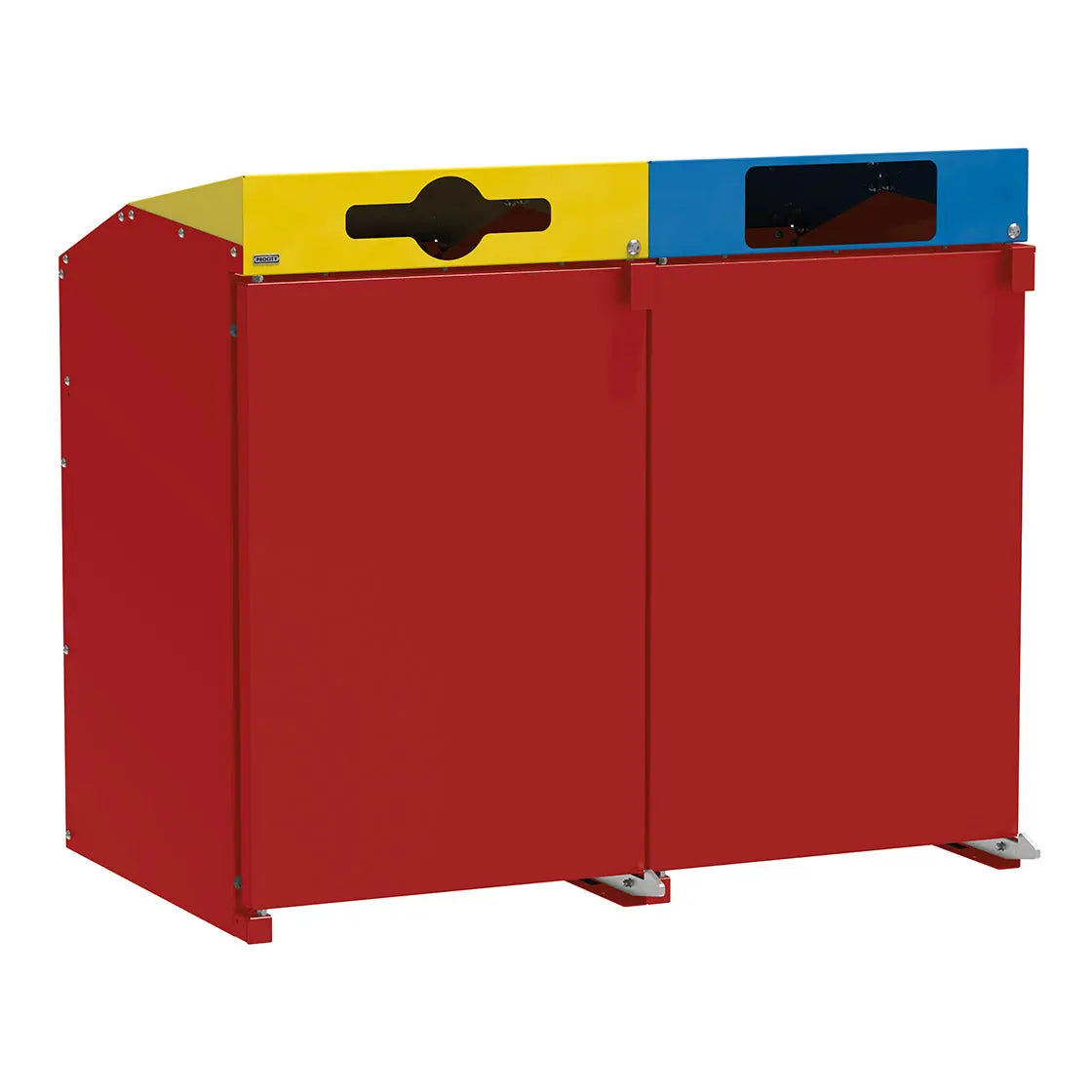 Vue produit : Abri conteneurs Berlin à chargement frontal, Bordeaux 3004, 2 modules, couvercles jaune et bleu