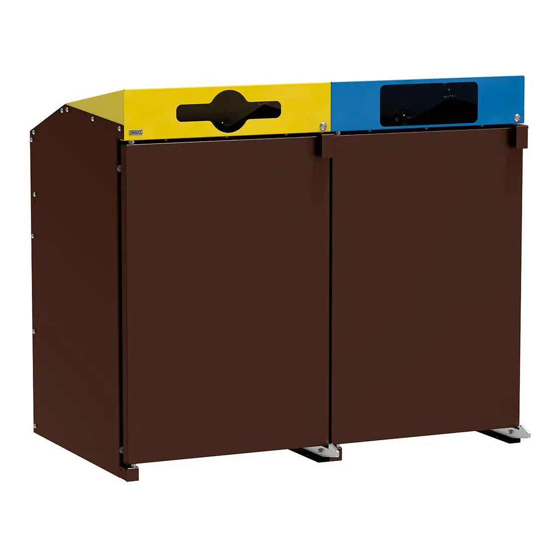 Abri conteneurs Berlin à chargement frontal, Marron 8017, 2 modules, couvercles jaune et bleu