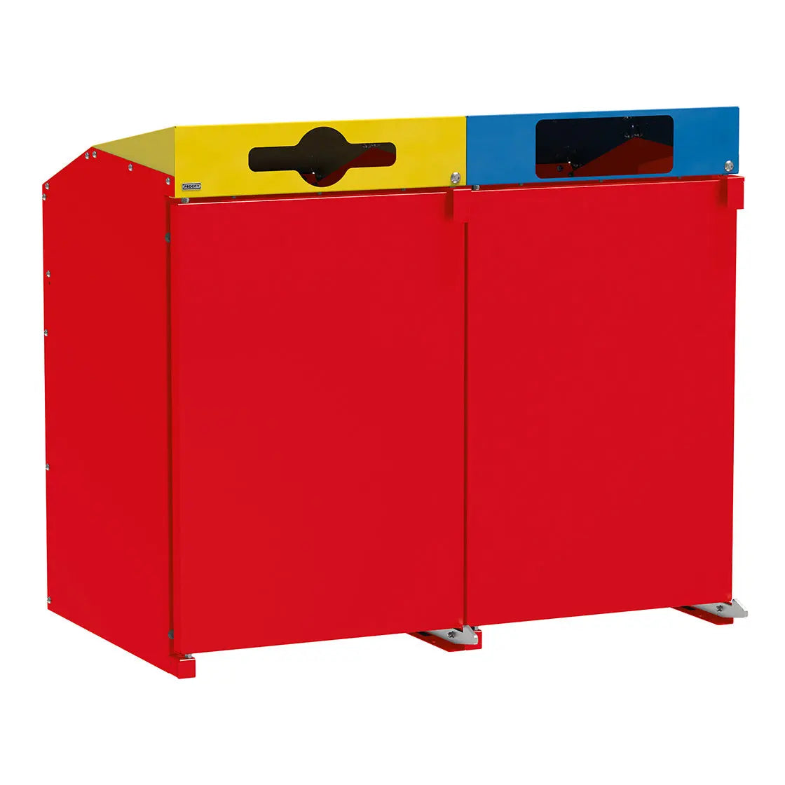 Vue produit : Abri conteneurs Berlin à chargement frontal, Rouge RAL 3020, 2 modules, couvercles jaune et bleu