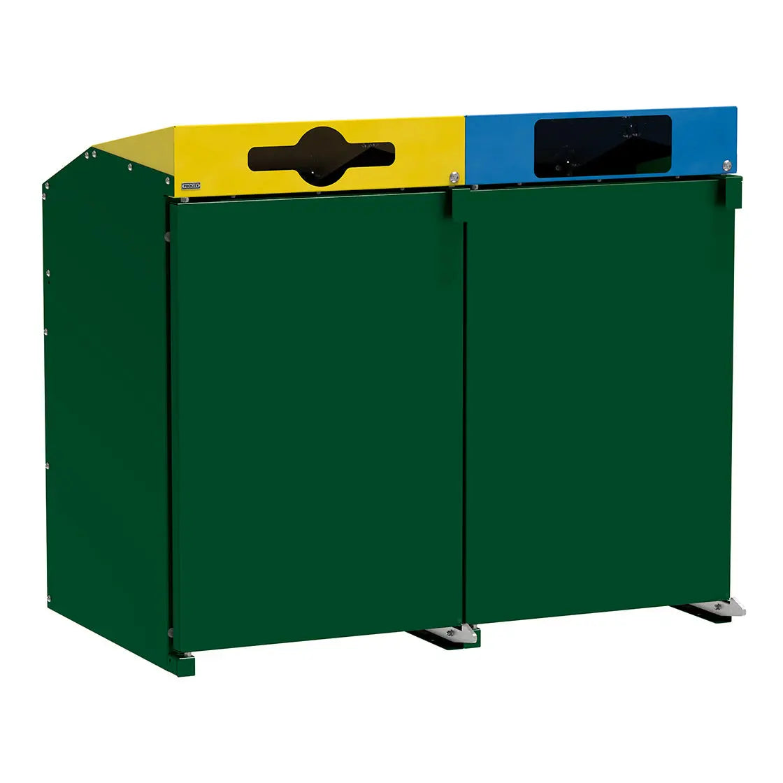 Abri conteneurs Berlin à chargement frontal – Vert RAL 6005, 2 modules, couvercles jaune et bleu
