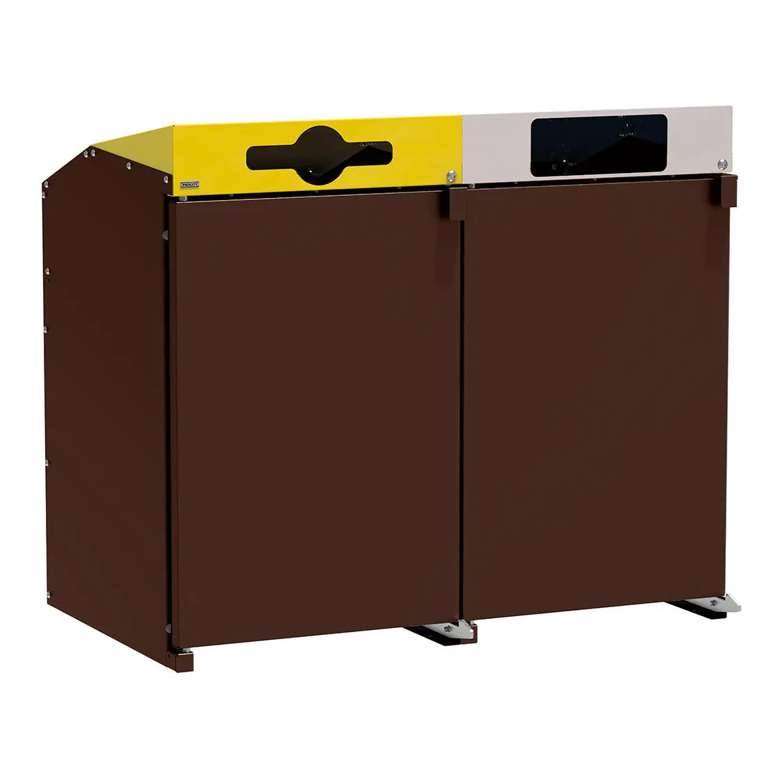 Modèle Abri conteneurs Berlin à chargement frontal, Marron 8017, 2 modules, couvercles jaune et gris