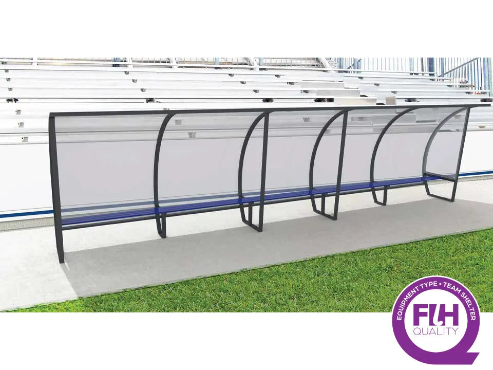 Abri de touche 15 joueurs 7,50 m aluminium, hauteur 1,60 m ou 2 m, 3 versions