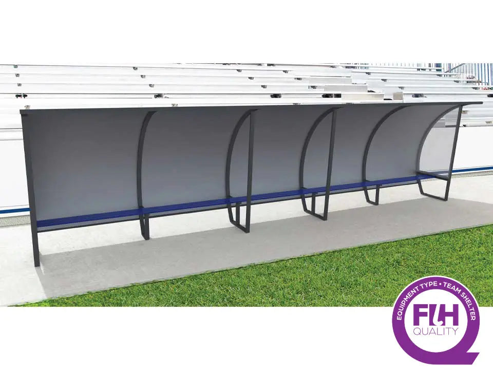 Abri de touche 15 joueurs 7,50 m aluminium, hauteur 1,60 m ou 2 m, 3 versions