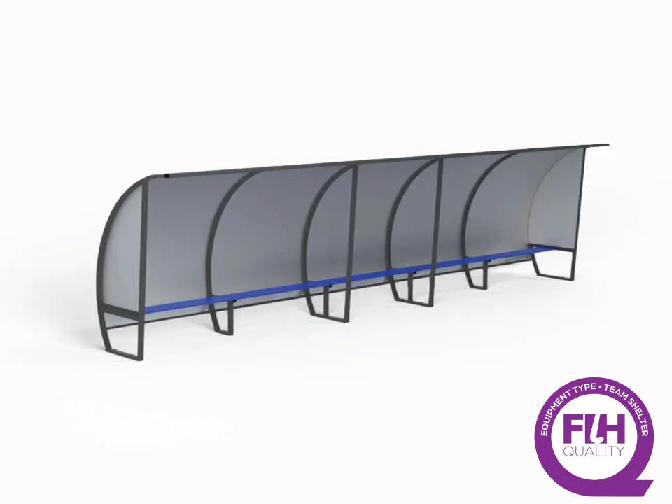 Abri de touche 15 joueurs 7,50 m aluminium, hauteur 1,60 m ou 2 m, 3 versions