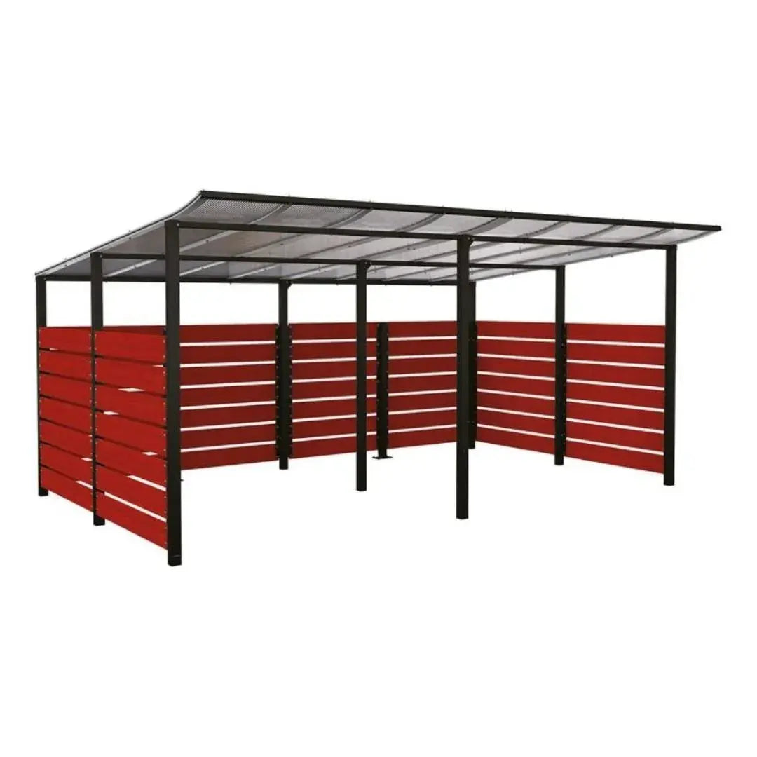 Abri vélos Modulo avec bardages en stratifié compact, "tout-en-un" initial + complémentaire + bardages de fond et latéraux Procity
