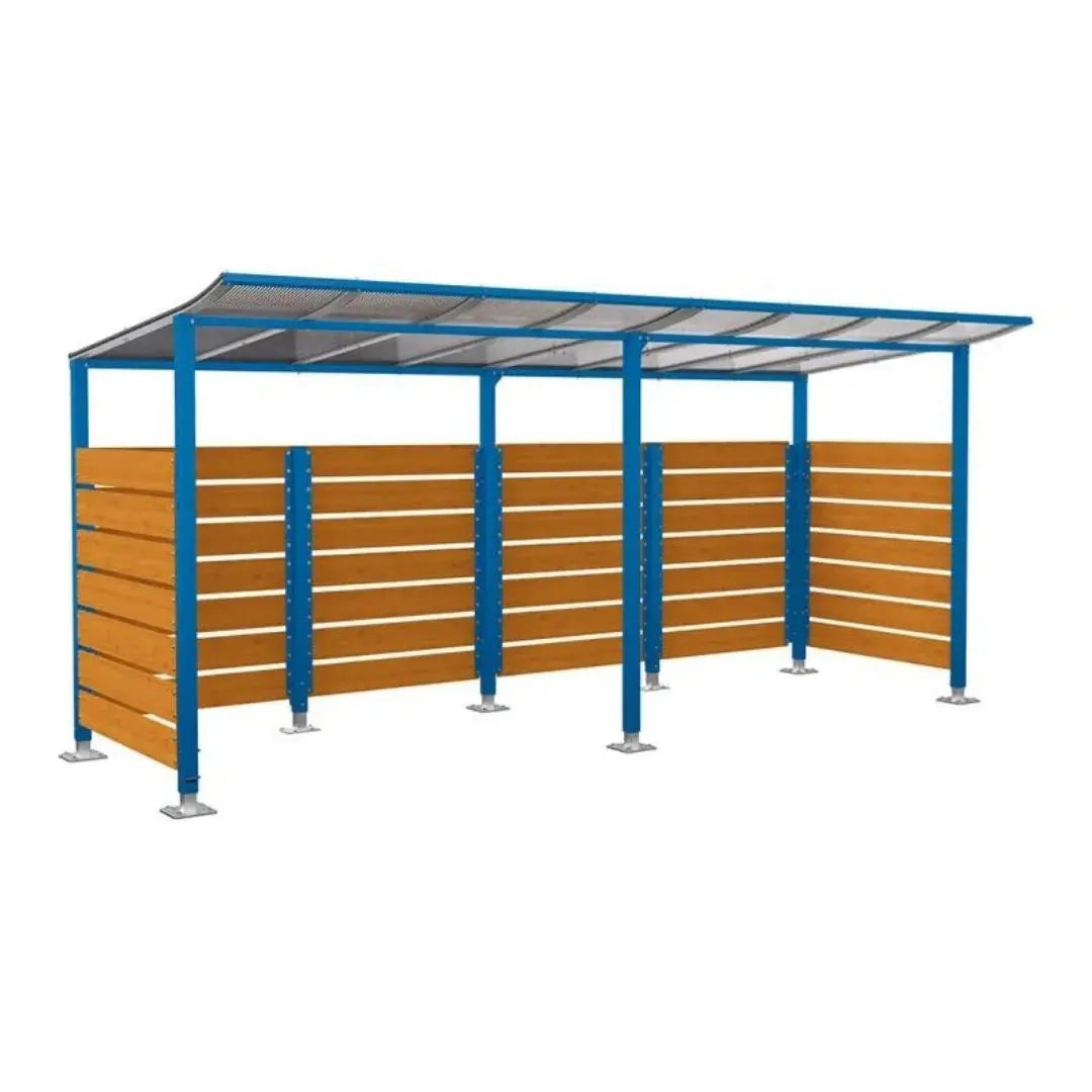 Abri vélos Modulo avec bardages en stratifié compact, "tout-en-un" initial + complémentaire + bardages de fond et latéraux Procity