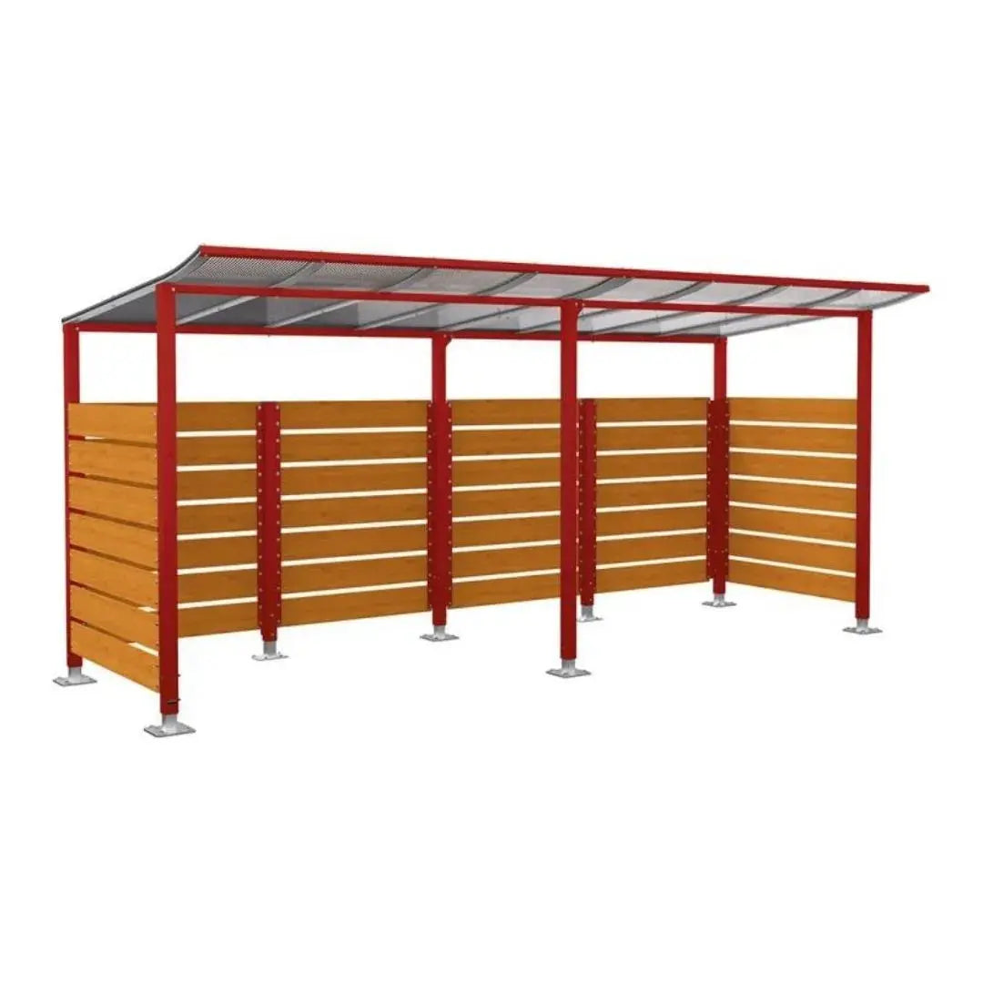 Abri vélos Modulo avec bardages en stratifié compact, "tout-en-un" initial + complémentaire + bardages de fond et latéraux Procity