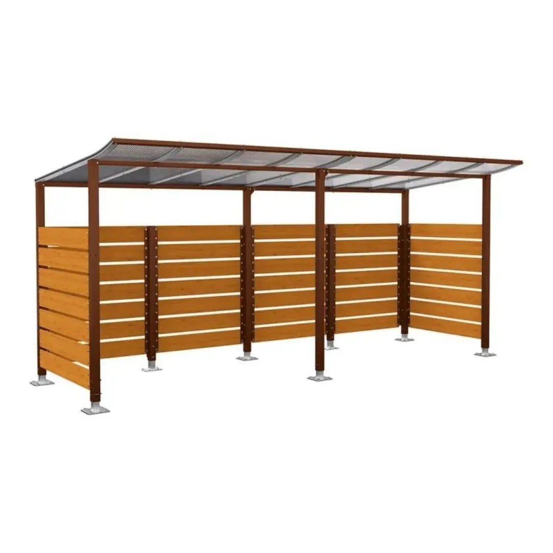 Abri vélos Modulo avec bardages en stratifié compact, "tout-en-un" initial + complémentaire + bardages de fond et latéraux Procity