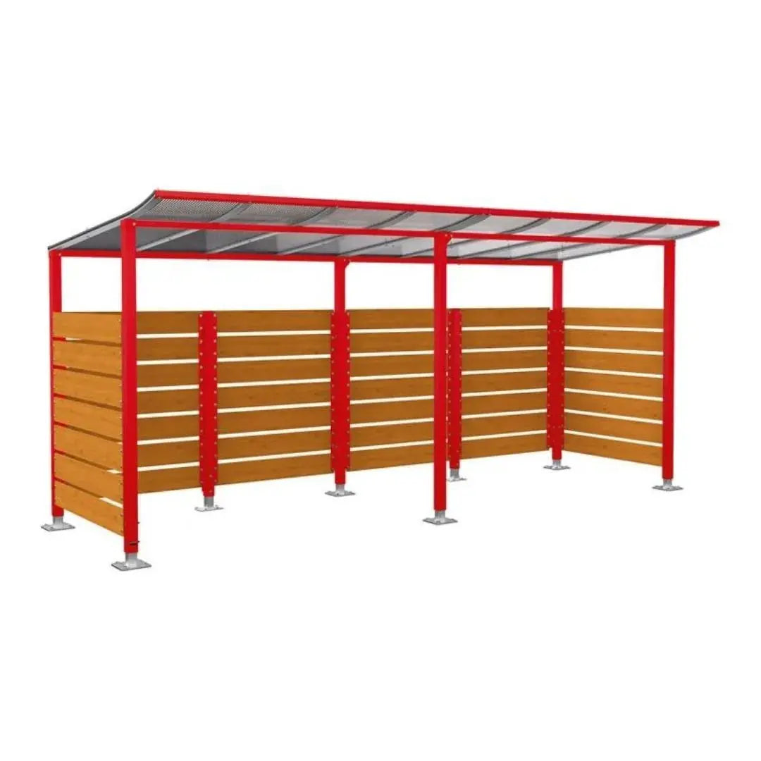 Abri vélos Modulo avec bardages en stratifié compact, "tout-en-un" initial + complémentaire + bardages de fond et latéraux Procity