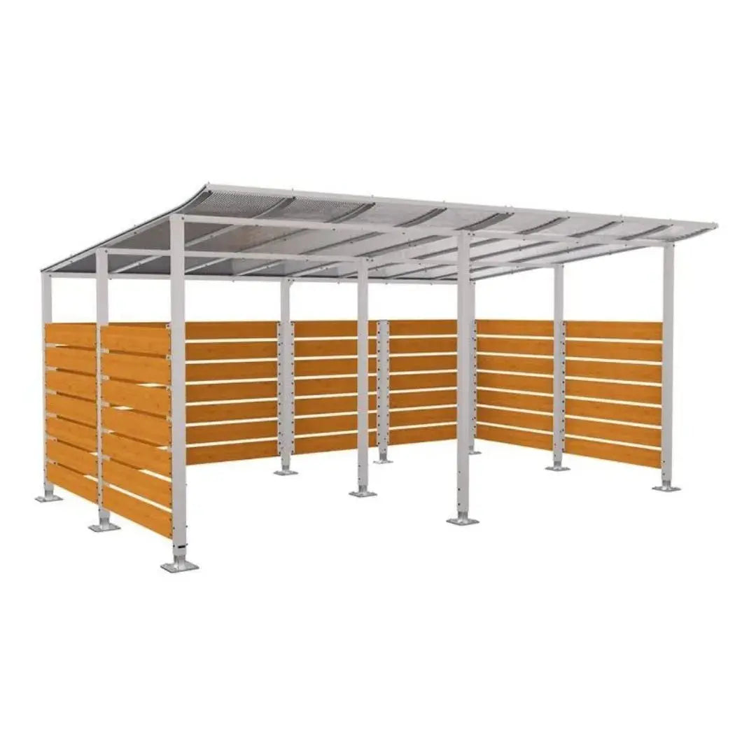Abri vélos Modulo avec bardages en stratifié compact, "tout-en-un" initial + complémentaire + bardages de fond et latéraux Procity