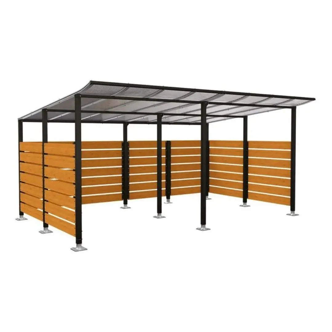 Abri vélos Modulo avec bardages en stratifié compact, "tout-en-un" initial + complémentaire + bardages de fond et latéraux Procity
