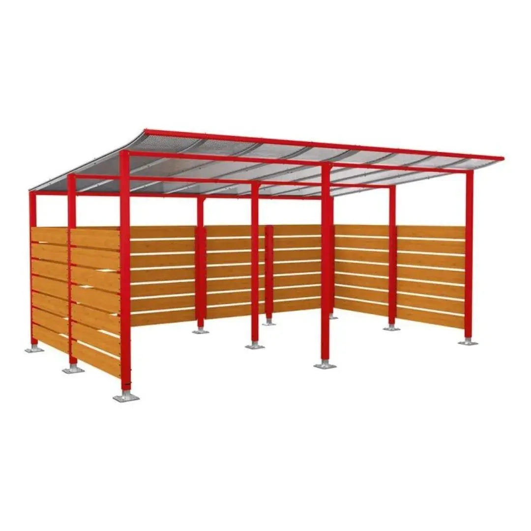 Abri vélos Modulo avec bardages en stratifié compact, "tout-en-un" initial + complémentaire + bardages de fond et latéraux Procity