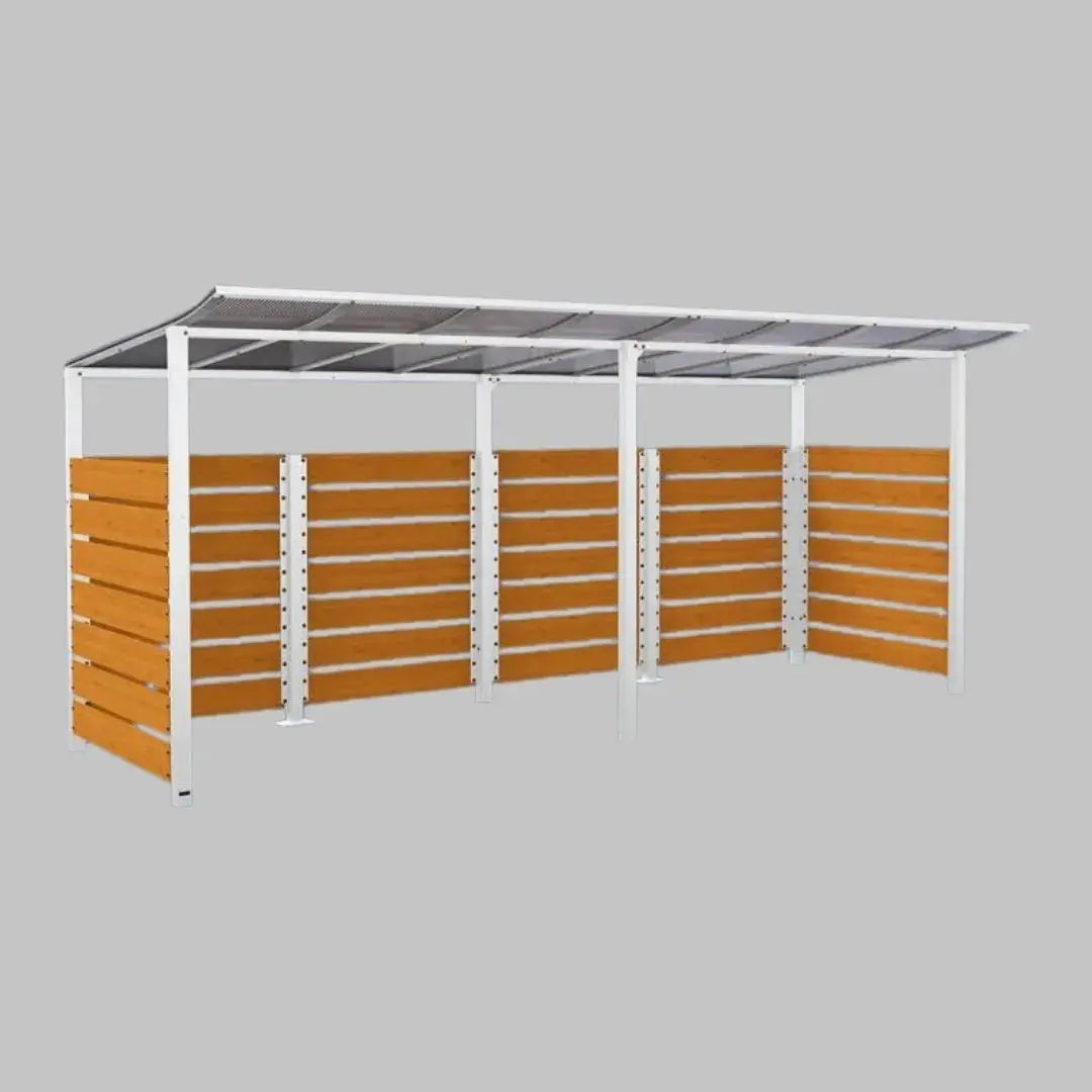 Abri vélos Modulo avec bardages en stratifié compact, "tout-en-un" initial + complémentaire + bardages de fond et latéraux Procity
