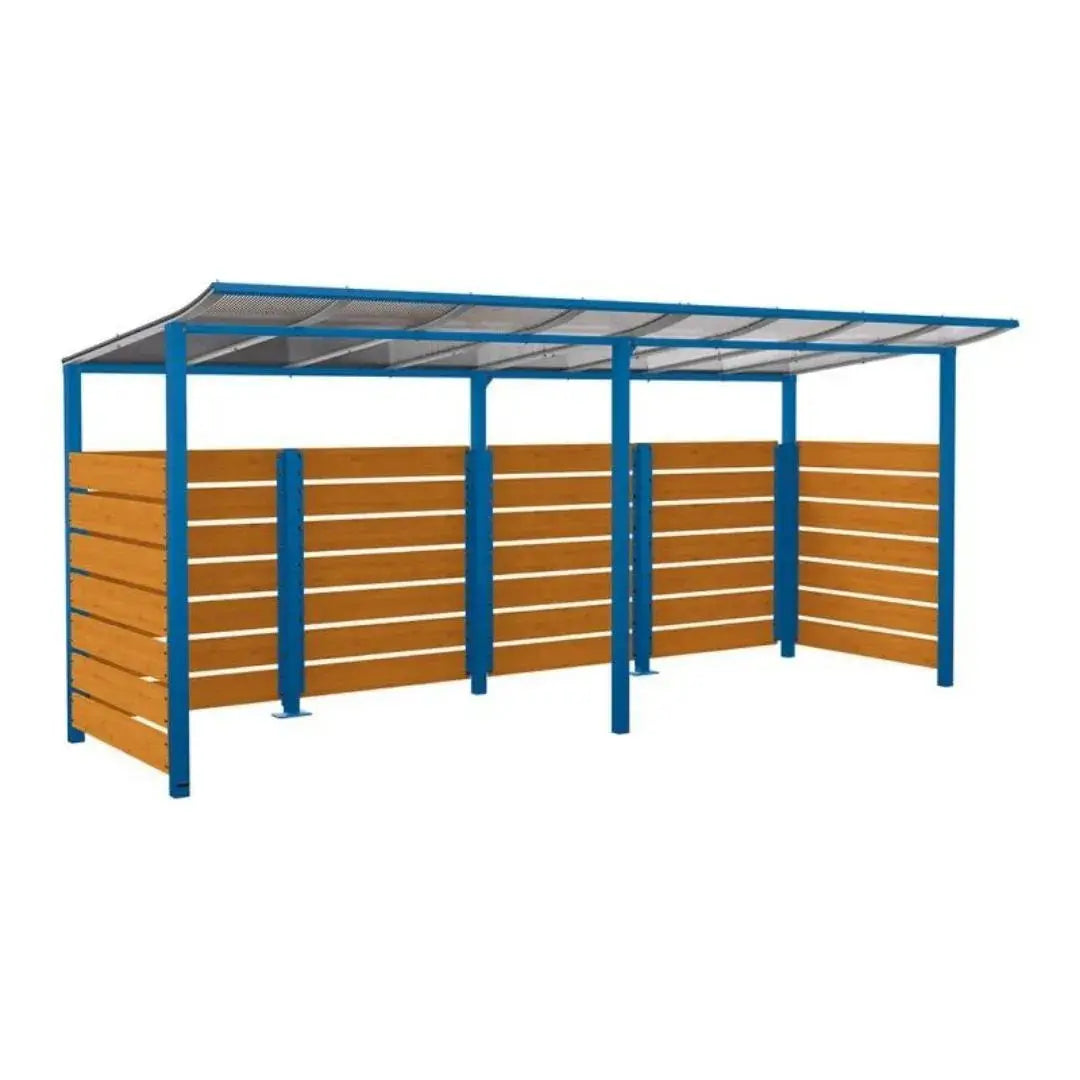 Abri vélos Modulo avec bardages en stratifié compact, "tout-en-un" initial + complémentaire + bardages de fond et latéraux Procity