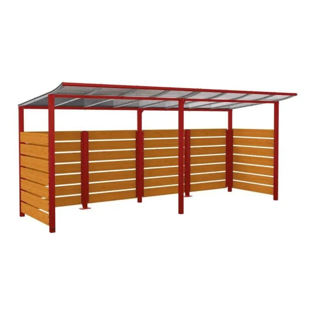 Abri vélos Modulo avec bardages en stratifié compact, "tout-en-un" initial + complémentaire + bardages de fond et latéraux Procity