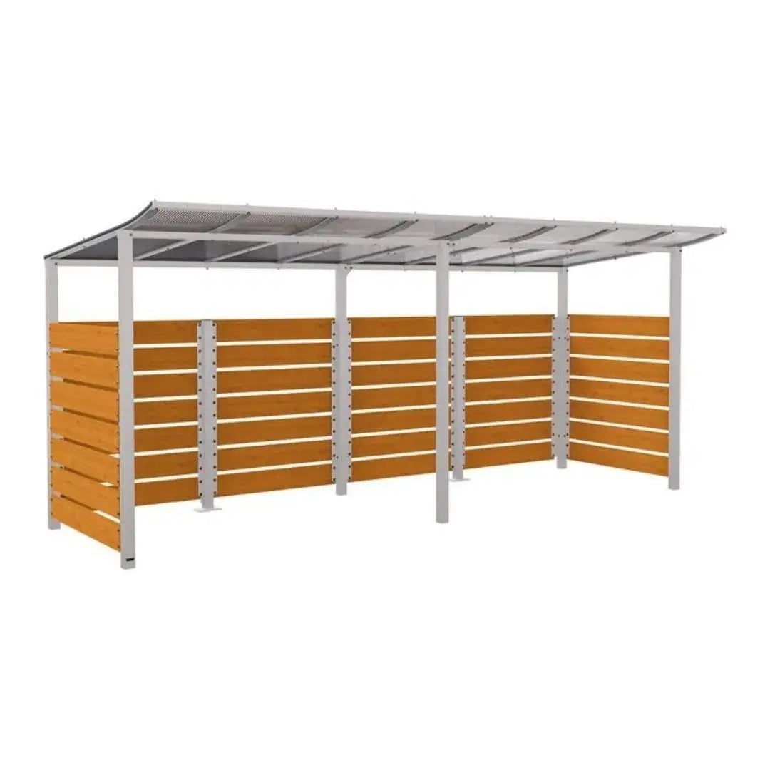 Abri vélos Modulo avec bardages en stratifié compact, "tout-en-un" initial + complémentaire + bardages de fond et latéraux Procity