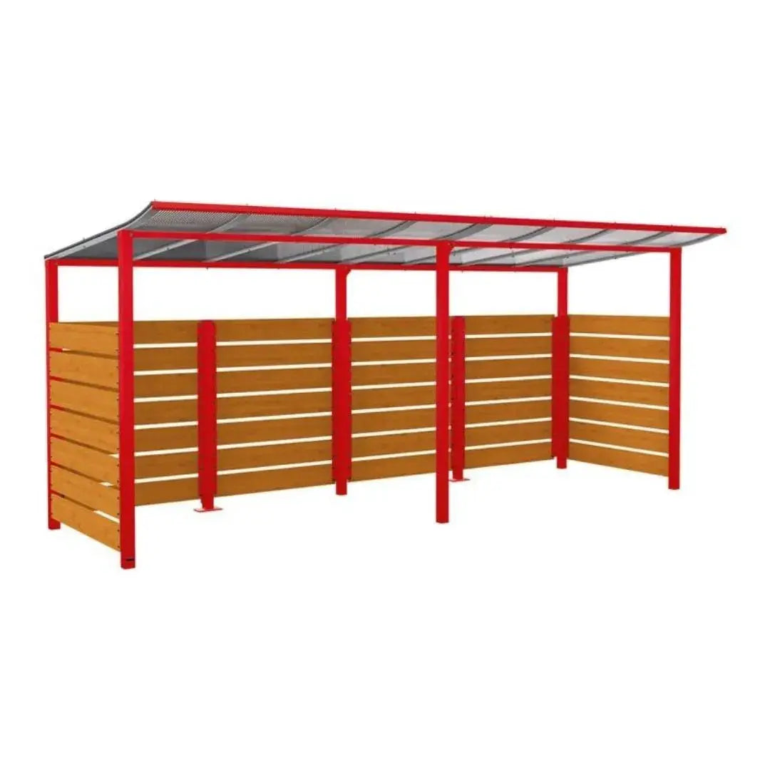 Abri vélos Modulo avec bardages en stratifié compact, "tout-en-un" initial + complémentaire + bardages de fond et latéraux Procity