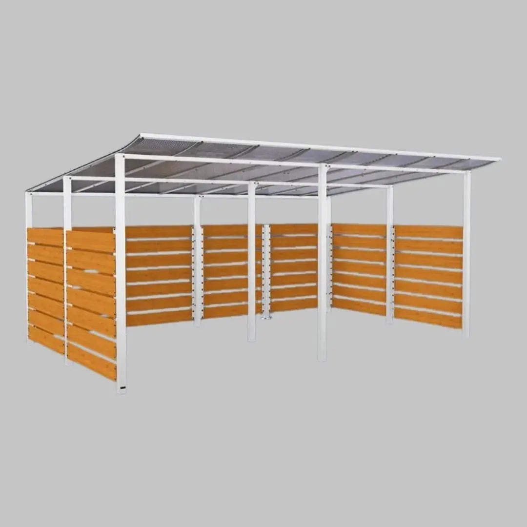 Abri vélos Modulo avec bardages en stratifié compact, "tout-en-un" initial + complémentaire + bardages de fond et latéraux Procity