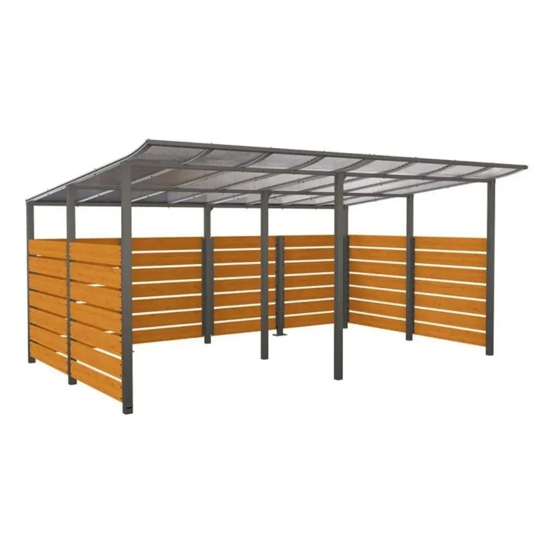 Abri vélos Modulo avec bardages en stratifié compact, "tout-en-un" initial + complémentaire + bardages de fond et latéraux Procity