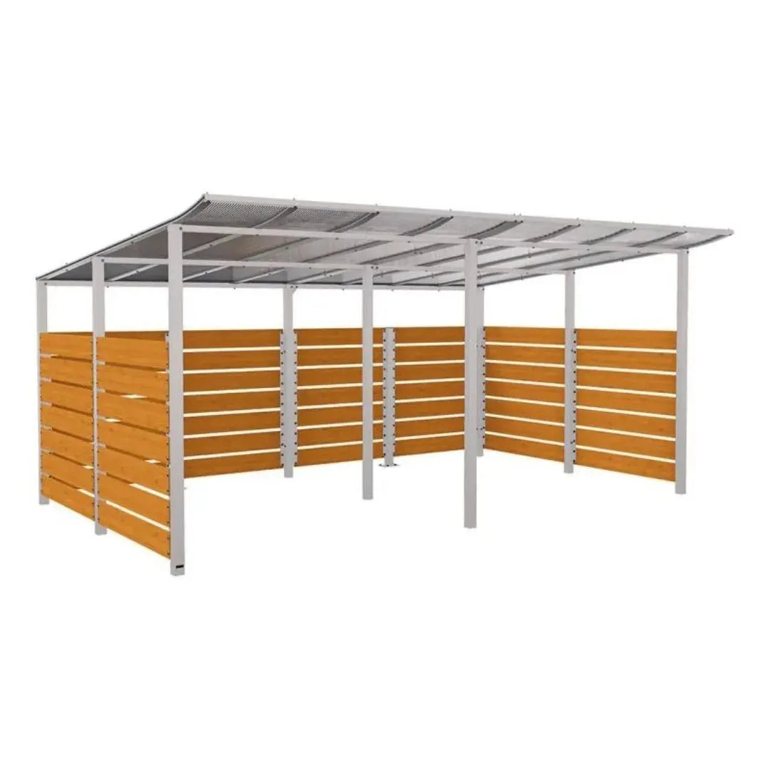 Abri vélos Modulo avec bardages en stratifié compact, "tout-en-un" initial + complémentaire + bardages de fond et latéraux Procity
