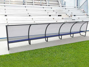 Abri de touche 15 joueurs 7,50 m aluminium, hauteur 1,60 m ou 2 m, 3 versions