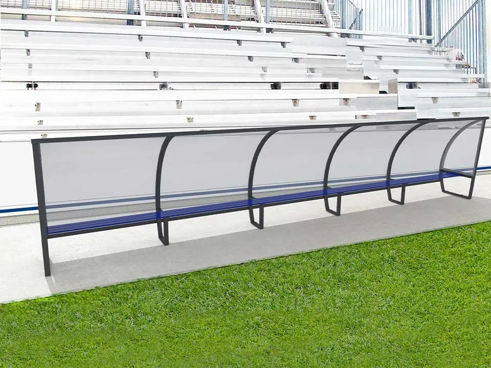 Abri de touche 15 joueurs 7,50 m aluminium, hauteur 1,60 m ou 2 m, 3 versions