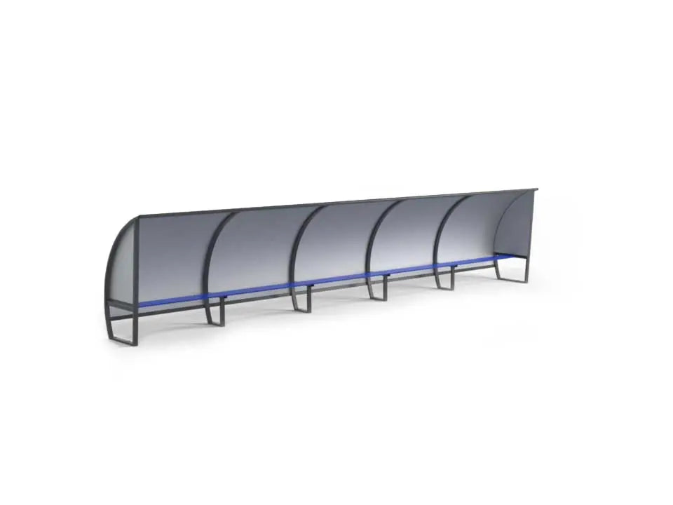 Abri de touche 15 joueurs 7,50 m aluminium, hauteur 1,60 m ou 2 m, 3 versions