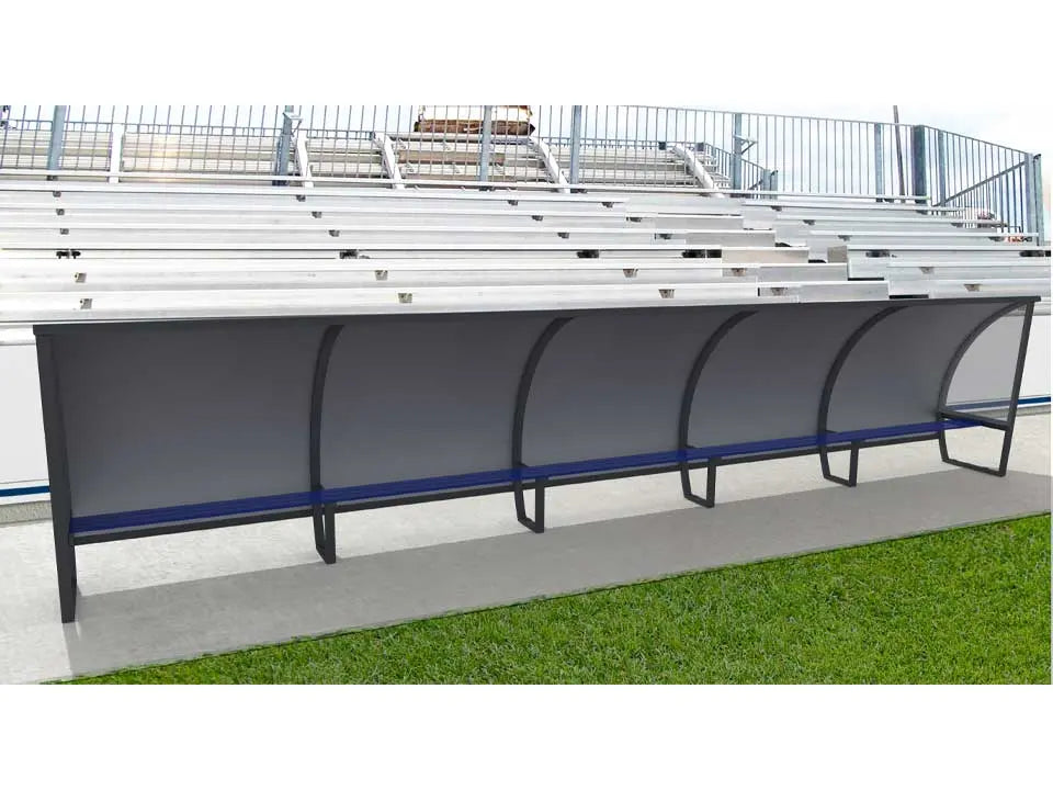 Abri de touche 15 joueurs 7,50 m aluminium, hauteur 1,60 m ou 2 m, 3 versions