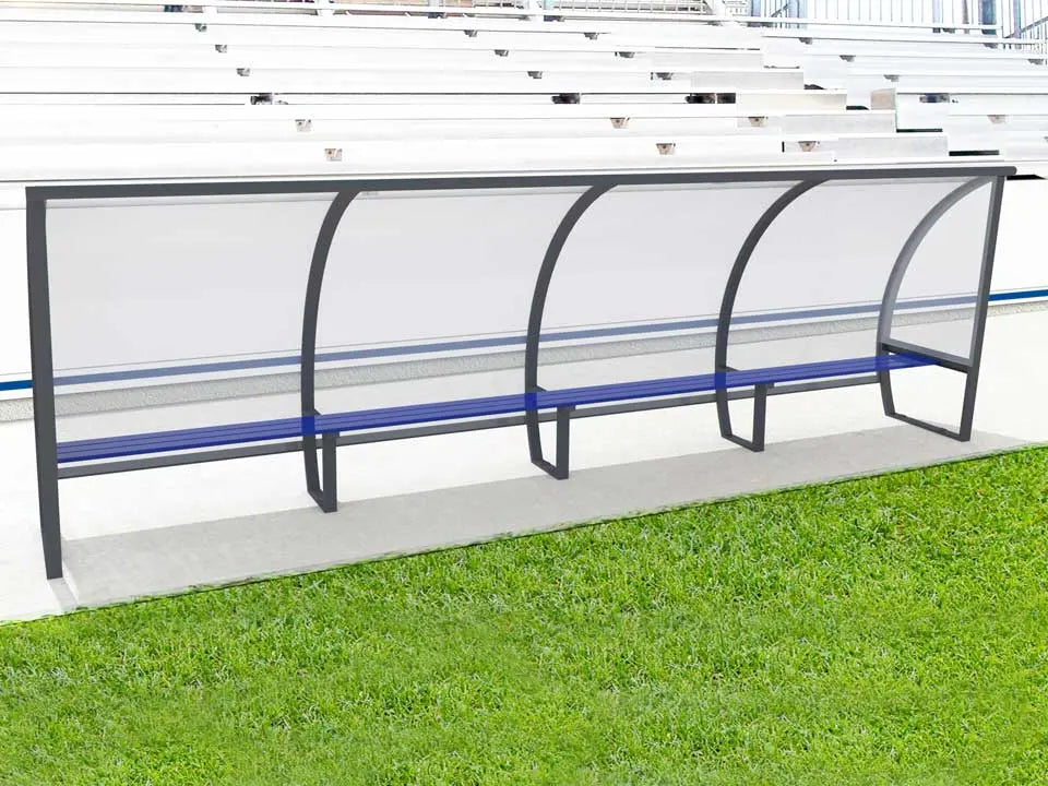 Abri de touche 10 joueurs 5 m aluminium, hauteur 1,60 m ou 2 m, 3 versions
