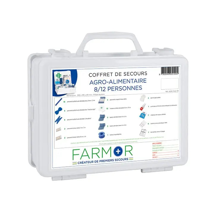Coffret de secours à dotation renforcée Agroalimentaire Restauration 8/12 personnes Farmor AGR 2040 PP, pansements bleus détectables