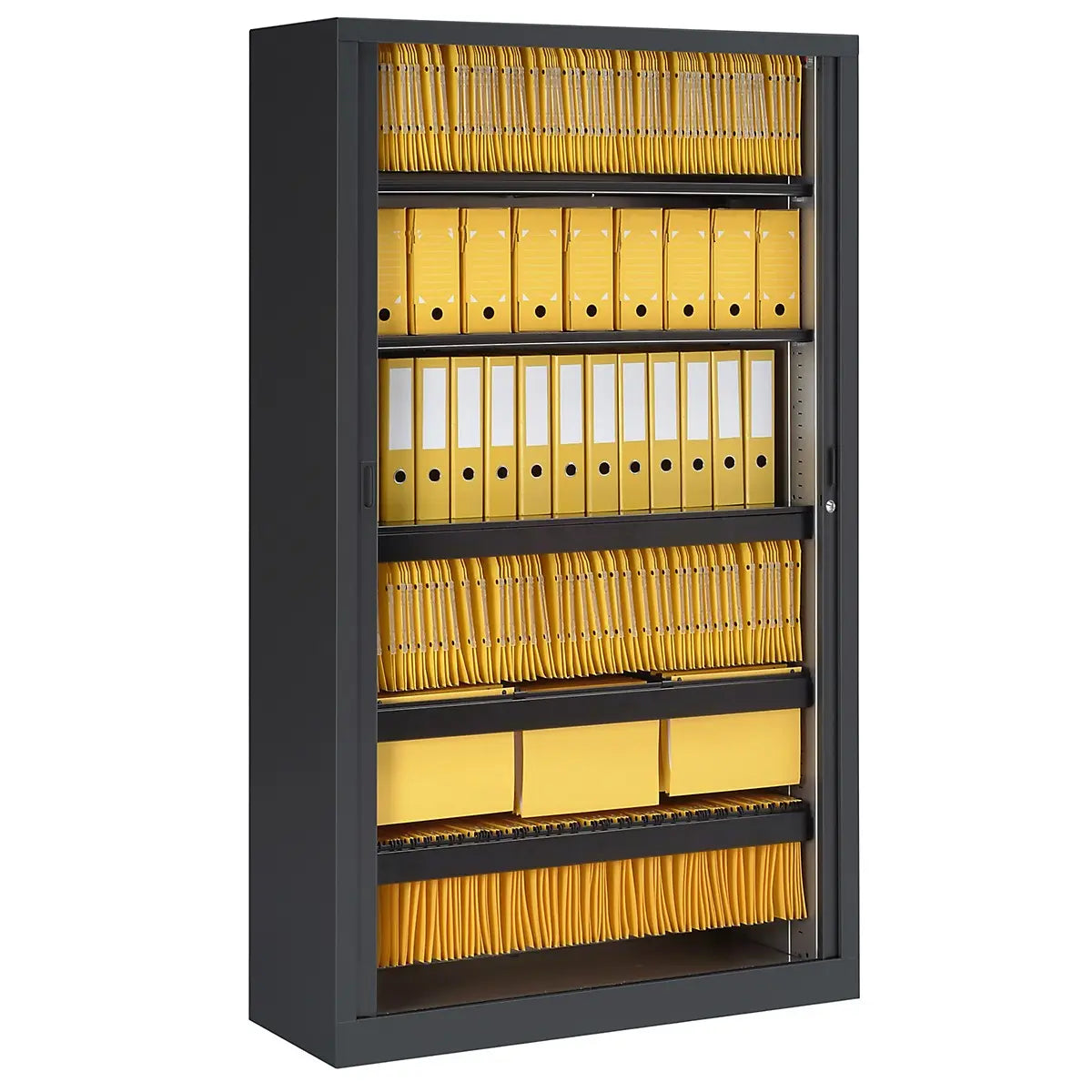 Armoire haute à rideaux anthracite RAL 7016 ouverte, tablettes de dossiers suspendus