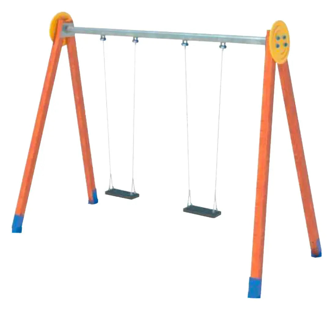 Portique balançoire 2 places en bois et acier pour aires de jeux. Portique robuste à sceller ou sur platines conforme EN 1176. 