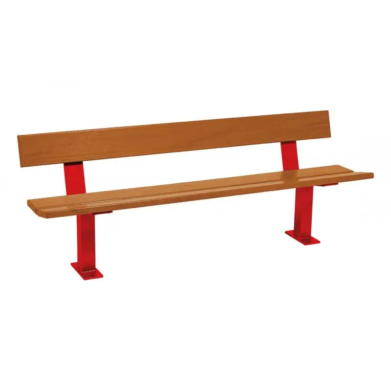 Banc public Pagode 180 cm en bois exotique chêne clair sur structure acier rouge (RAL 3020) 