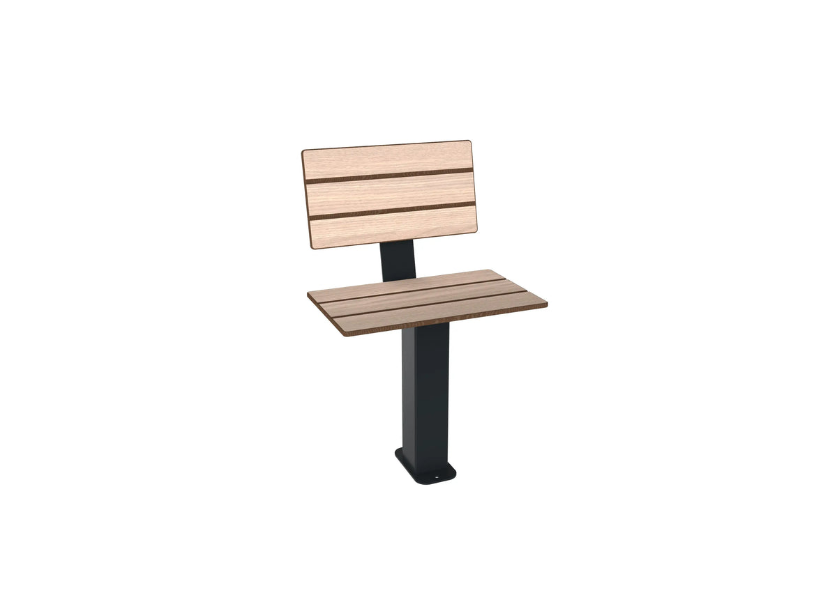 Banc individuel Cancale à dossier, compact HPL aspect chêne clair et acier RAL 7016