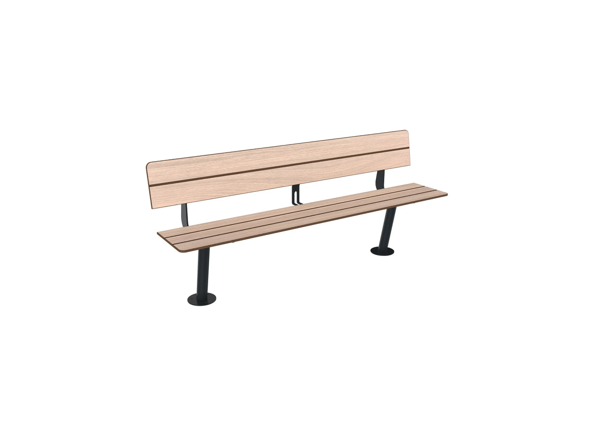 Banc Nairobi 3 places à dossier, compact HPL effet lames chêne clair et pieds ronds anthracite