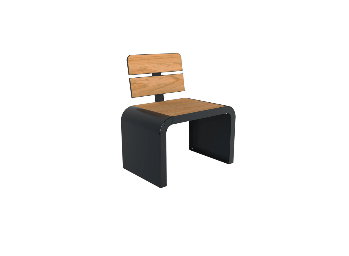 Banc 1 place à dossier aspect teck, compact haute pression et acier anthracite RAL 7016